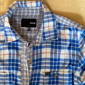 Hurley vintage plaid flannel leather elbow patch M
